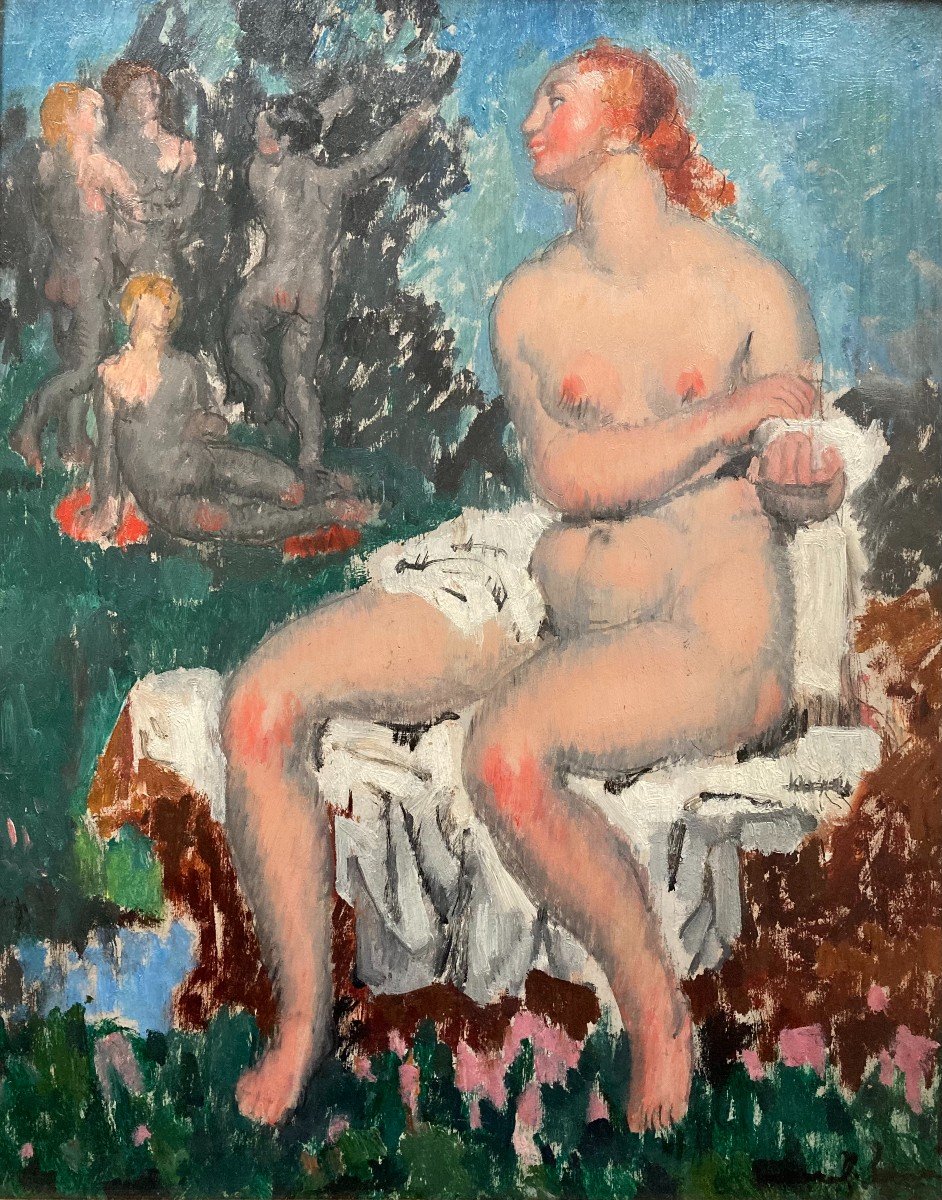 Marcel Lenoir (1872-1931). Femme Et Enfants Dans La Nature, Vers 1925. Huile Sur Panneau, Signé