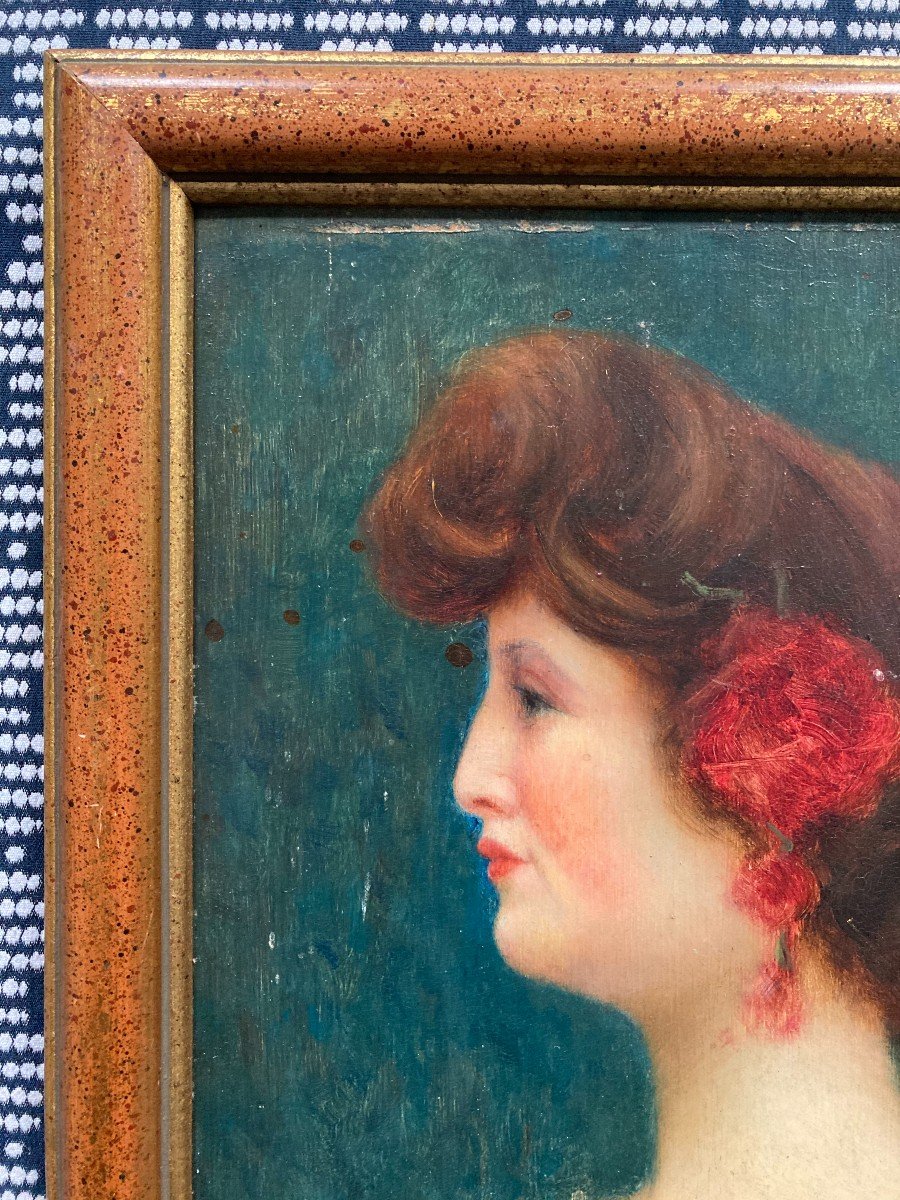 Edmond De Grimberghe (1865-1920). Portrait De Femme De Profil, Vers 1900. Huile Sur Panneau, Sign&eacute;. Encadr&eacute;.-photo-2