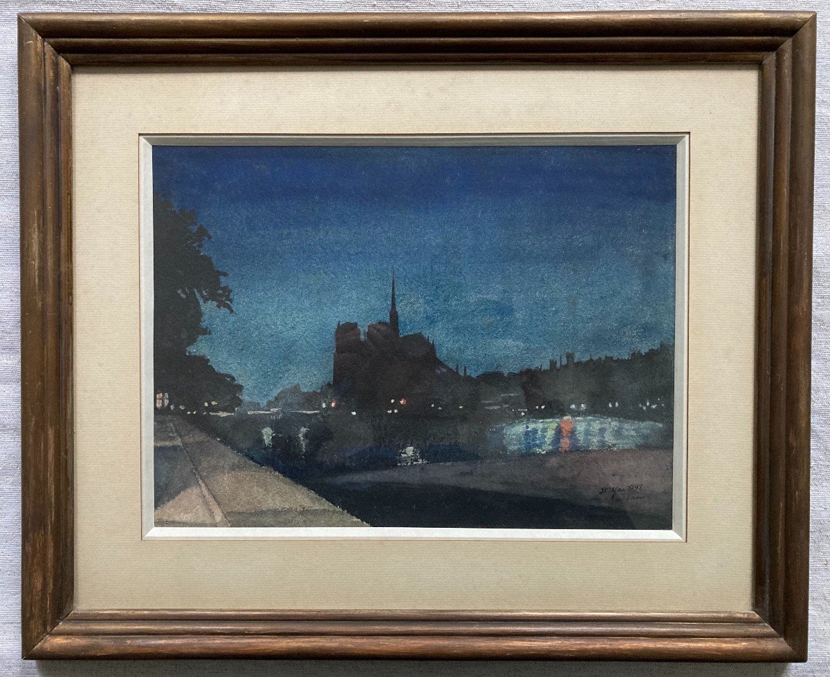 Marc Worms (Actif vers 1900). Notre Dame De Paris Et La Seine De Nuit, 28 Mai 1898. Aquarelle.-photo-2