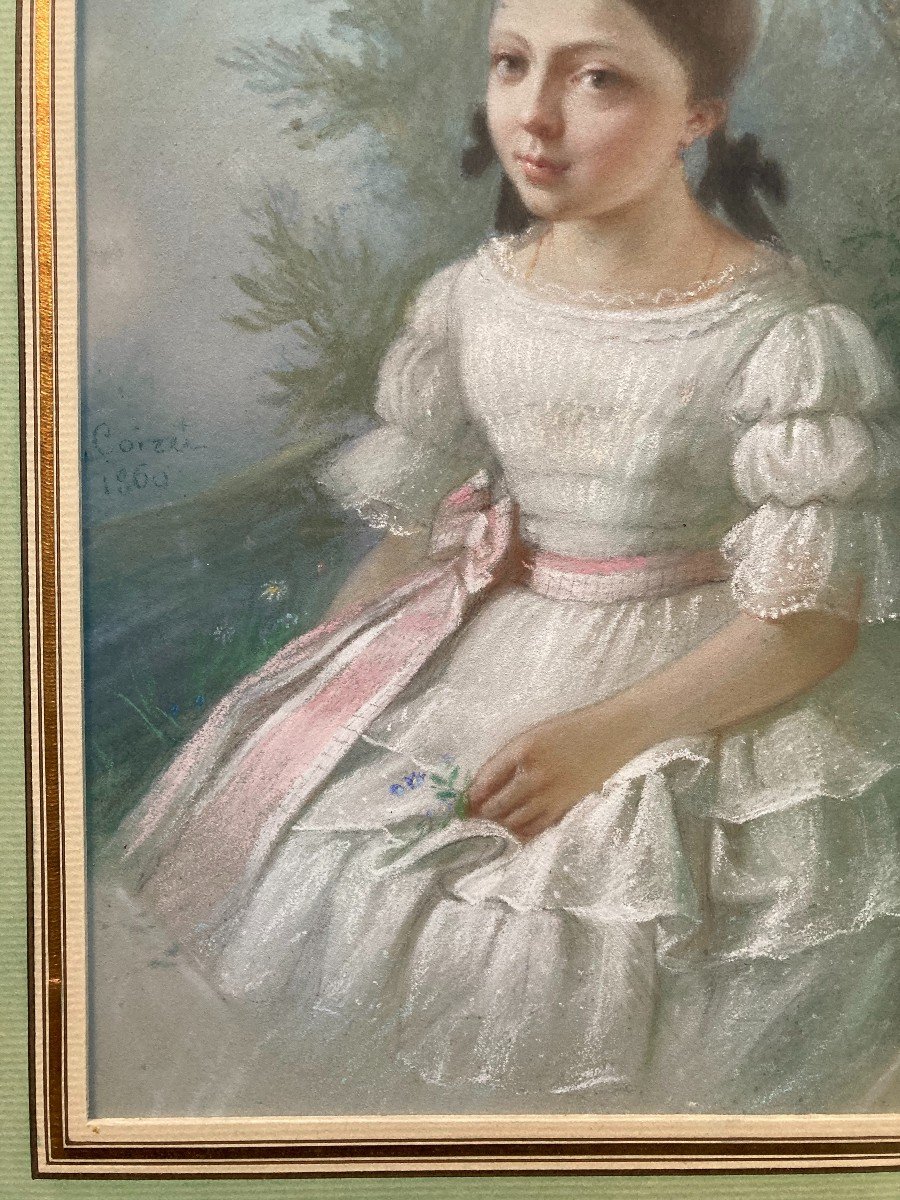 Louis Coizet (1816-1876). Portrait De Fillette Dans Un Paysage, 1860. Pastel, Joliment Encadr&eacute;.-photo-1