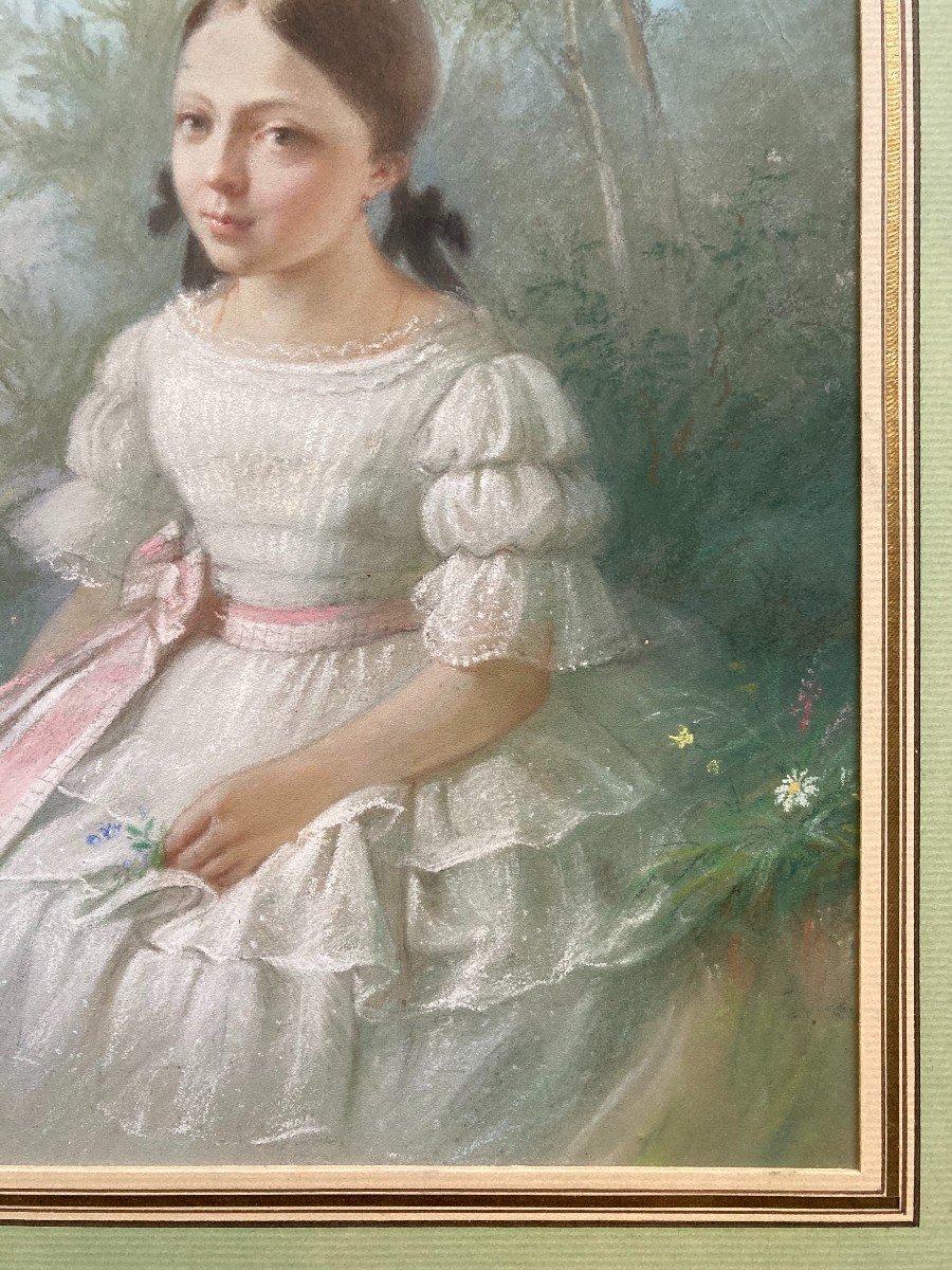 Louis Coizet (1816-1876). Portrait De Fillette Dans Un Paysage, 1860. Pastel, Joliment Encadr&eacute;.-photo-4