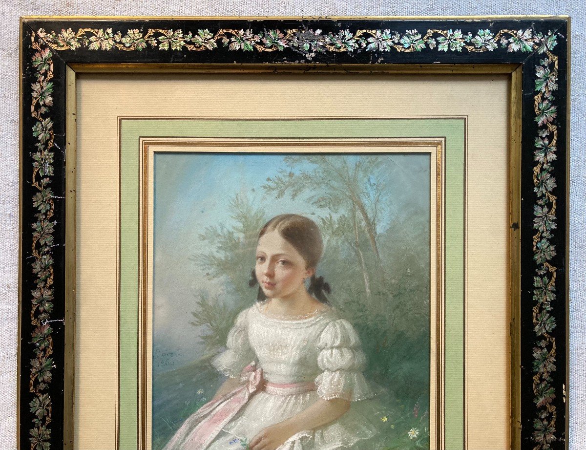 Louis Coizet (1816-1876). Portrait De Fillette Dans Un Paysage, 1860. Pastel, Joliment Encadr&eacute;.-photo-8