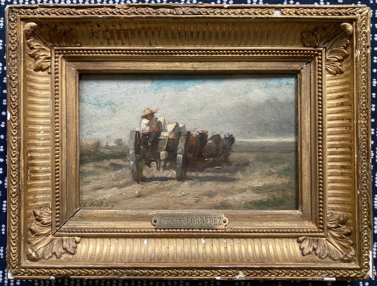 Charles Lobbedez (1825-1882). Le Retour Des Carrières. Huile Sur Panneau, Signée. Encadrée.-photo-2