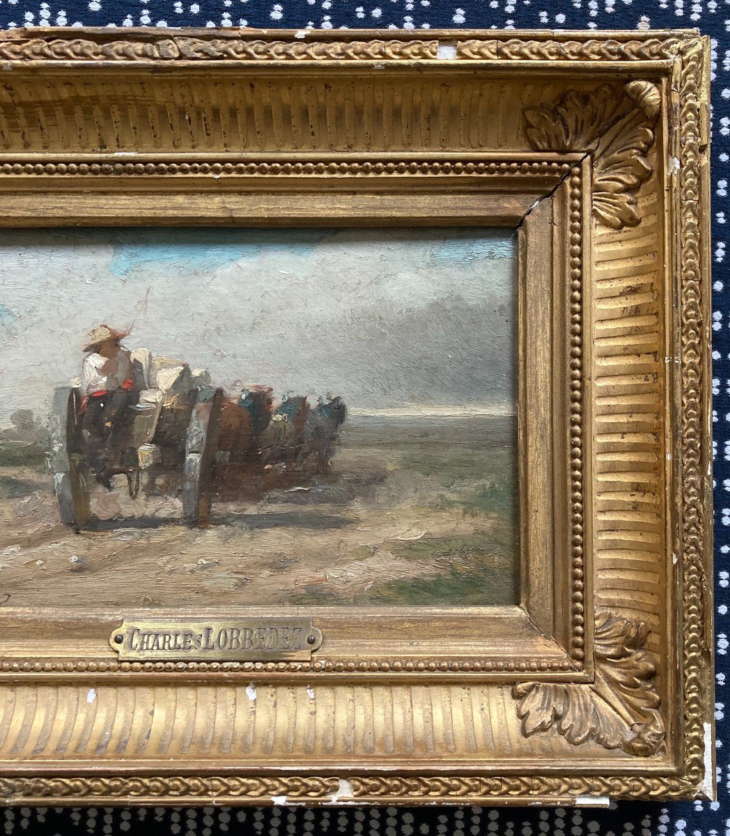 Charles Lobbedez (1825-1882). Le Retour Des Carrières. Huile Sur Panneau, Signée. Encadrée.-photo-2
