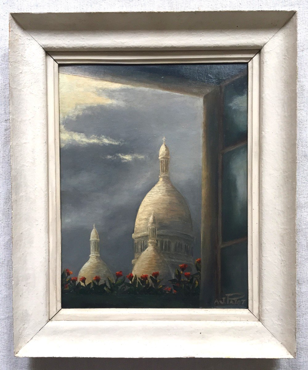A.J Pajot (XXe). Basilique Du Sacré Coeur à Montmartre (Paris) Vue Depuis La Fenêtre. Huile.-photo-2