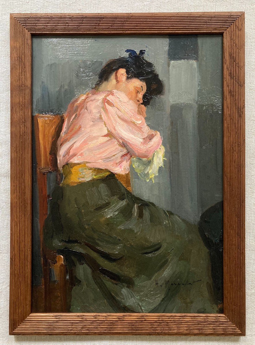 Henry de Marandat (1875-1914). Jeune Femme Endormie Sur Une Chaise. Huile Sur Carton, Signée.-photo-2