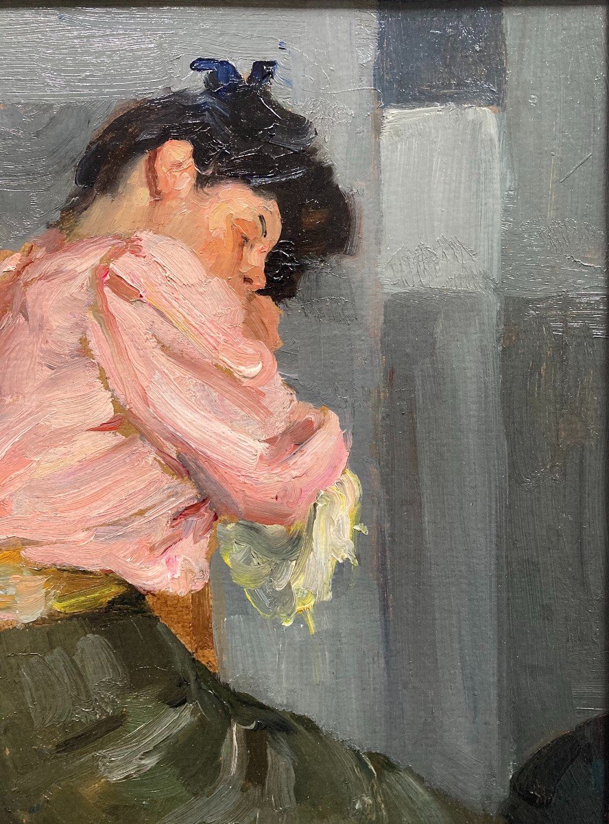 Henry de Marandat (1875-1914). Jeune Femme Endormie Sur Une Chaise. Huile Sur Carton, Signée.-photo-3