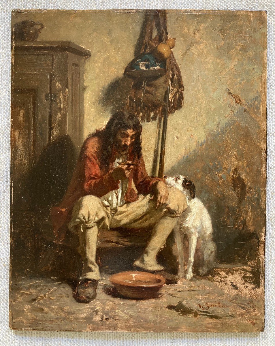 Alexandre Guillemin (1817-1880). Man Having Lunch With His Dog. Oil On Panel, Signed.-photo-2