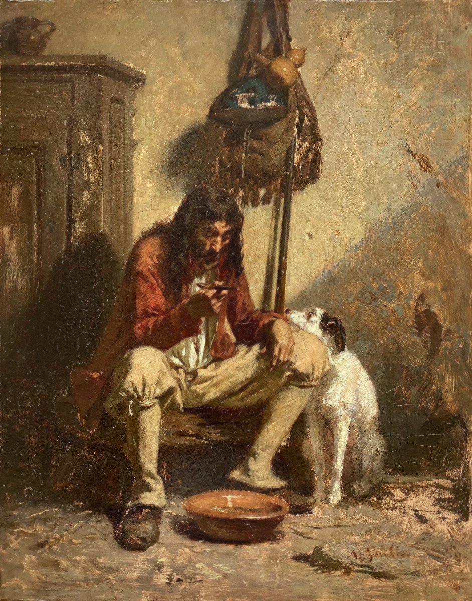 Alexandre Guillemin (1817-1880). Man Having Lunch With His Dog. Oil On Panel, Signed.