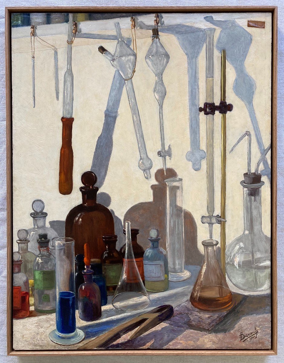 Jean Duroeulx (1898-1967). The Laboratory, 1940. Oil On Isorel Panel, Signed And Dated.-photo-2