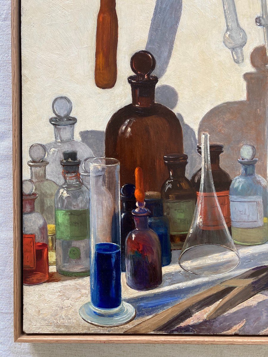 Jean Duroeulx (1898-1967). The Laboratory, 1940. Oil On Isorel Panel, Signed And Dated.-photo-1