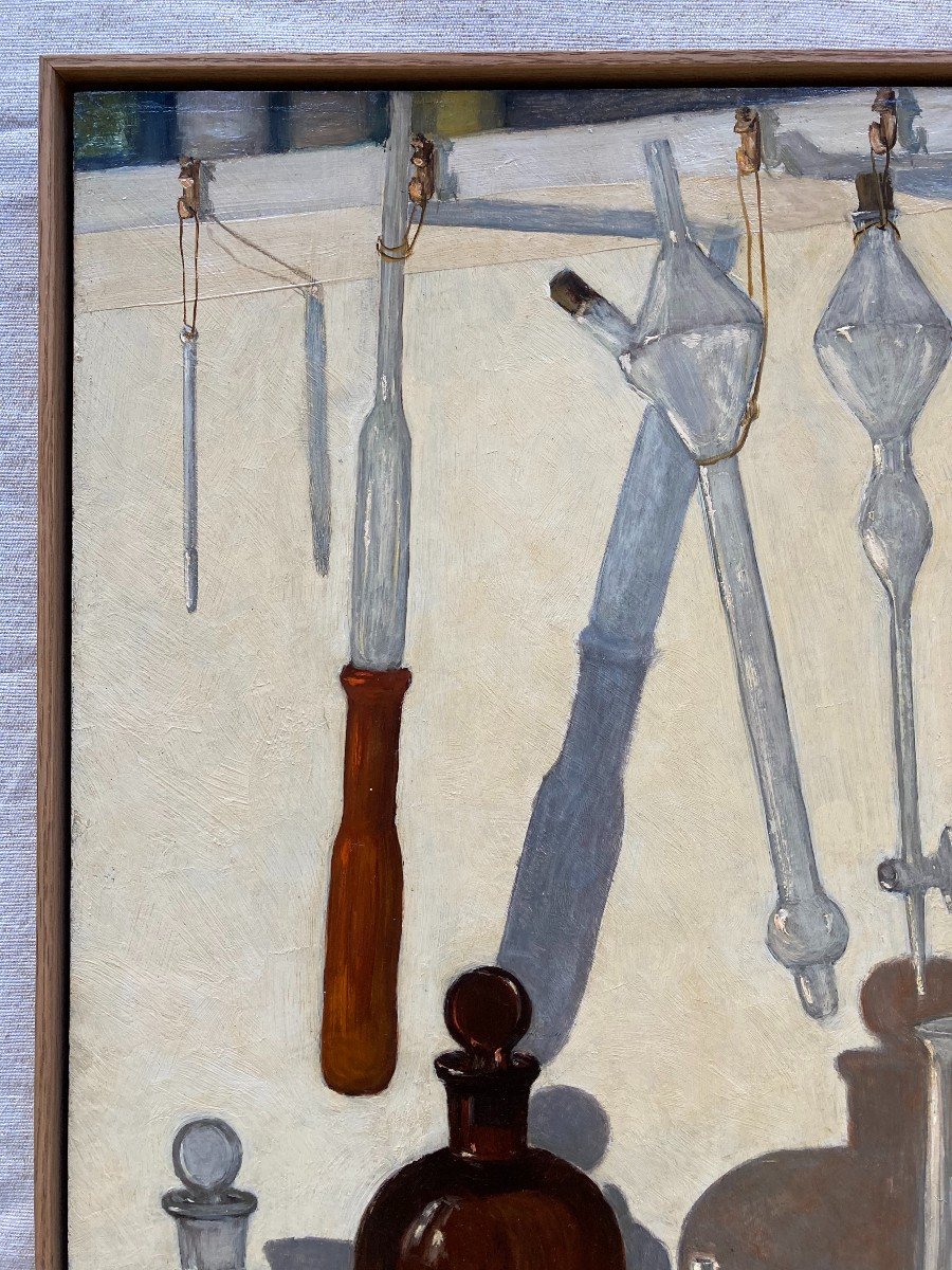 Jean Duroeulx (1898-1967). The Laboratory, 1940. Oil On Isorel Panel, Signed And Dated.-photo-2