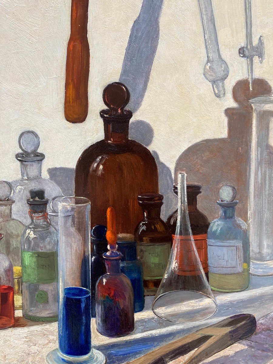 Jean Duroeulx (1898-1967). The Laboratory, 1940. Oil On Isorel Panel, Signed And Dated.-photo-5