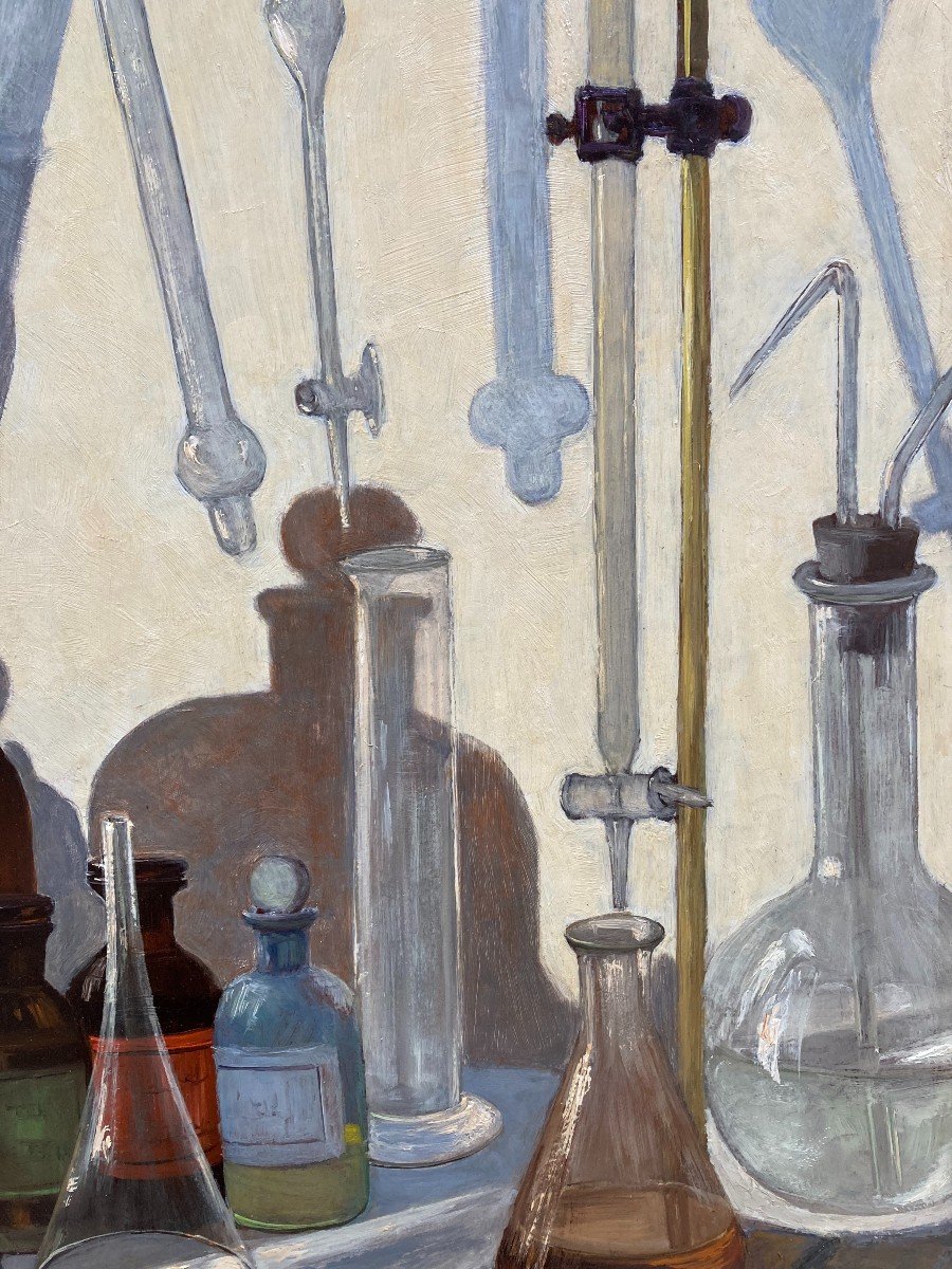 Jean Duroeulx (1898-1967). The Laboratory, 1940. Oil On Isorel Panel, Signed And Dated.-photo-6