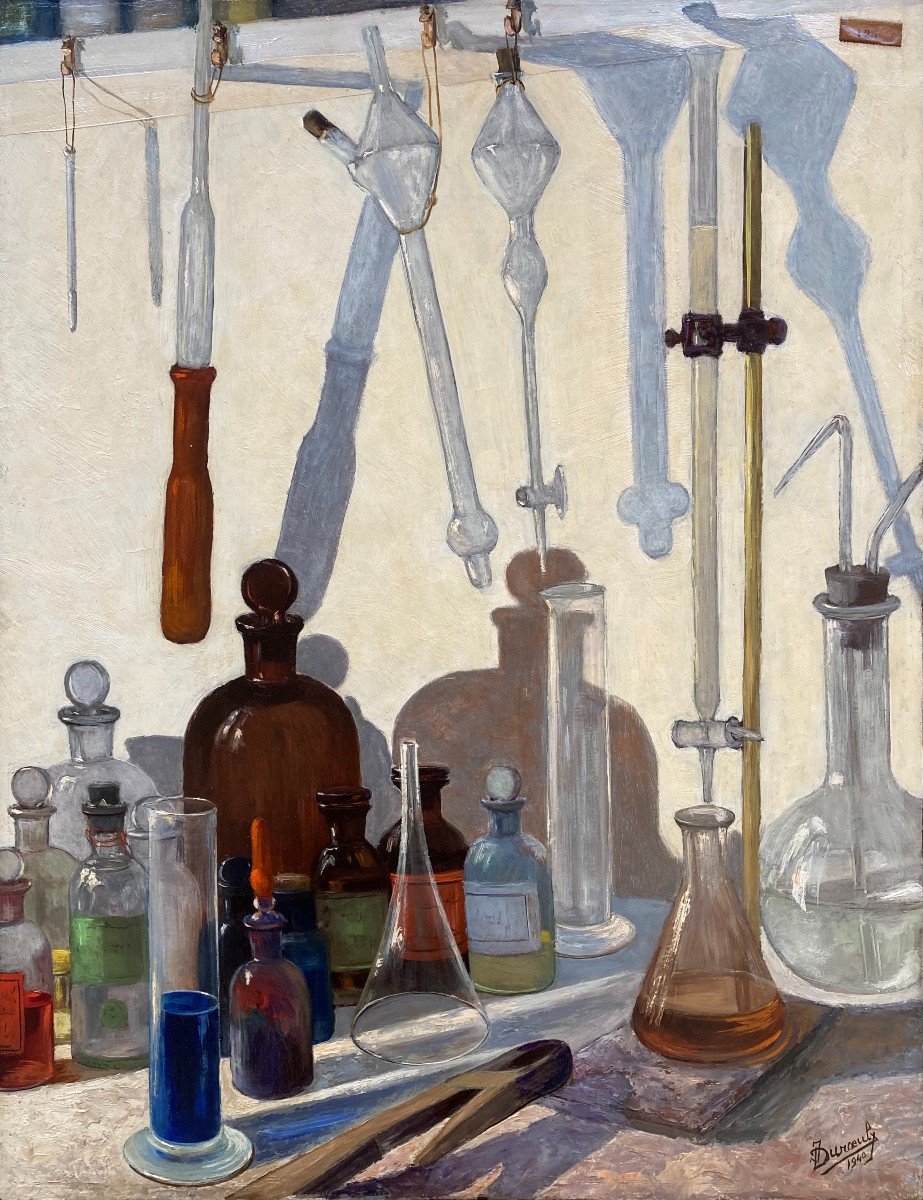 Jean Duroeulx (1898-1967). The Laboratory, 1940. Oil On Isorel Panel, Signed And Dated.