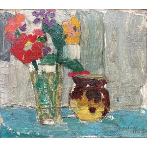 Henriette Deloras (1901-1941). Fleurs Et Vase. Huile Sur Carton, Signée En Bas à Droite.