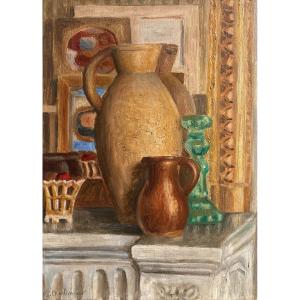 Pierre Charbonnier (1897-1978). Interior With Ceramics, Around 1920. Oil On Panel.