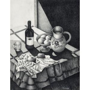 Georges Bauquier (1910-1997). Nature Morte Au Compotier, 1968. Charcoal On Paper, Signed, Titled.