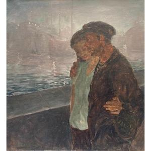 Herman Eberstein (1906-1964). Couple Walking In The Harbor. Oil On Canvas, Signed.