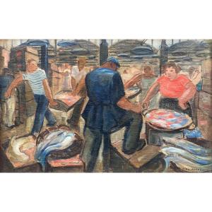 André Biry-Autret (1911-2003). Le Marché Aux Poissons Sous Les Halles, 1941. Huile Sur Toile.