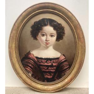 Ecole Française du XIXème Siècle. Portrait De Jeune Fille. Huile Sur Toile d'Origine.