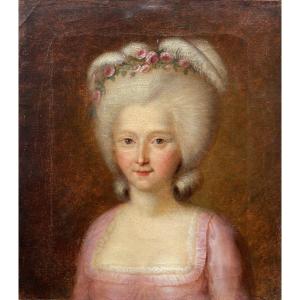 French School Of The 18th Century. Portrait Of A Woman With A Flowered Headdress. Oil On Canvas