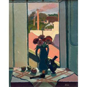 Antoine Jallat (1911-1971). Composition In Front Of The Window. Oil On Canvas, Signed.