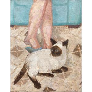 Pierre Roux (1891-1965). The Cat. Oil On Panel.