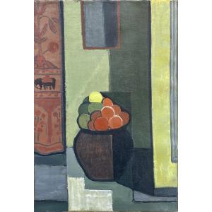 Cubist School, Circa 1940. Interior With A Vase Of Fruit. Oil On Canvas.