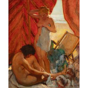 Louis Vergetas (paris 1882 - Elbeuf 1961). Bathers, 1953. Oil On Panel. Signed