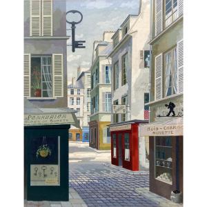 Rastislaw RACOFF ( 1904-1982).  Rue de Paris, 1981. Huile sur panneau.  Signée en bas gauche. 