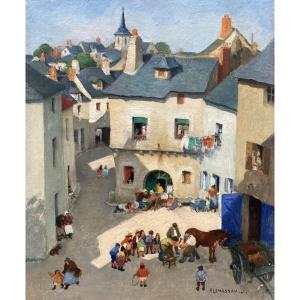 Paul Lemasson (1897–1971). Lively Village. Oil On Panel, Signed.
