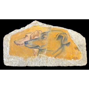 Jeanne-marie Bertaux (1924–2024). Dogs In Profile. Fresco Painting On Stone.