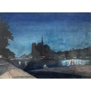 Marc Worms (Actif vers 1900). Notre Dame De Paris Et La Seine De Nuit, 28 Mai 1898. Aquarelle.