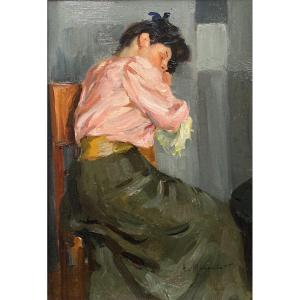 Henry de Marandat (1875-1914). Jeune Femme Endormie Sur Une Chaise. Huile Sur Carton, Signée.