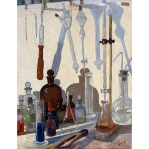 Jean Duroeulx (1898-1967). The Laboratory, 1940. Oil On Isorel Panel, Signed And Dated.