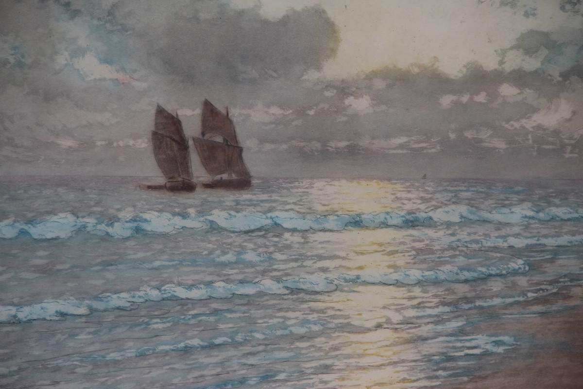 Sailing Boats At Sunset By Arsène Chabanian (1864-1949)