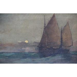 Sailboat At Setting Sun By Arvid Johansson (1862-1923)