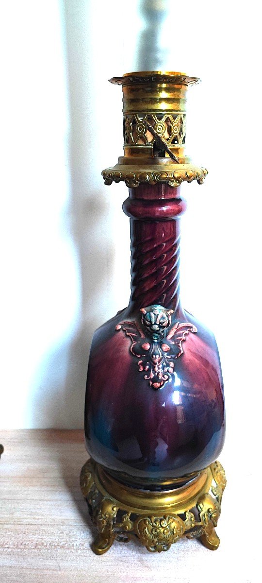 Paire de lampes sang de boeuf montée bronze doré -photo-3