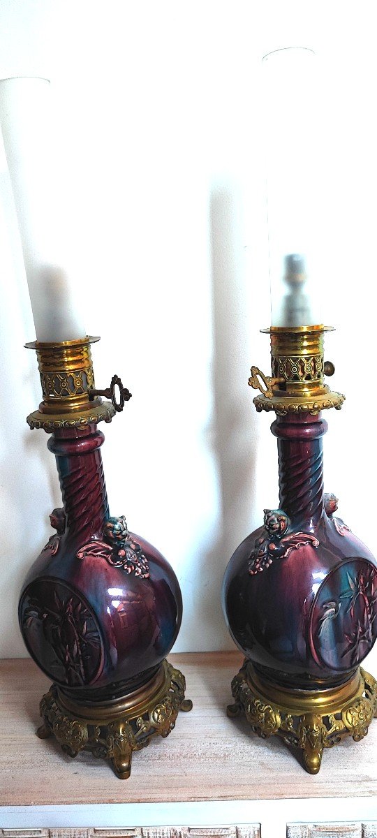 Paire de lampes sang de boeuf montée bronze doré -photo-2