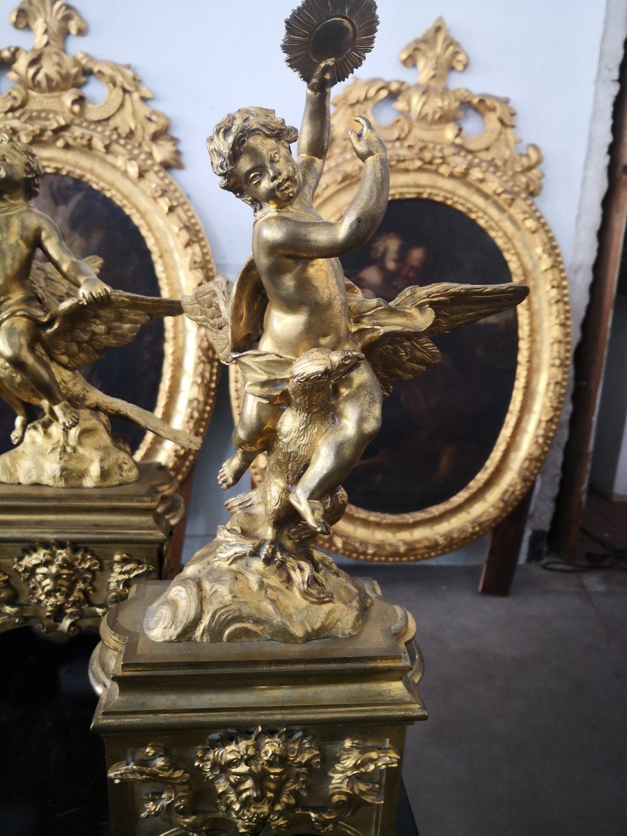 Rare Paire De Chenets Aux éléments 18 Eme Bronze Doré -photo-2