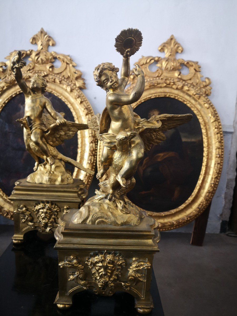 Rare Paire De Chenets Aux éléments 18 Eme Bronze Doré -photo-3