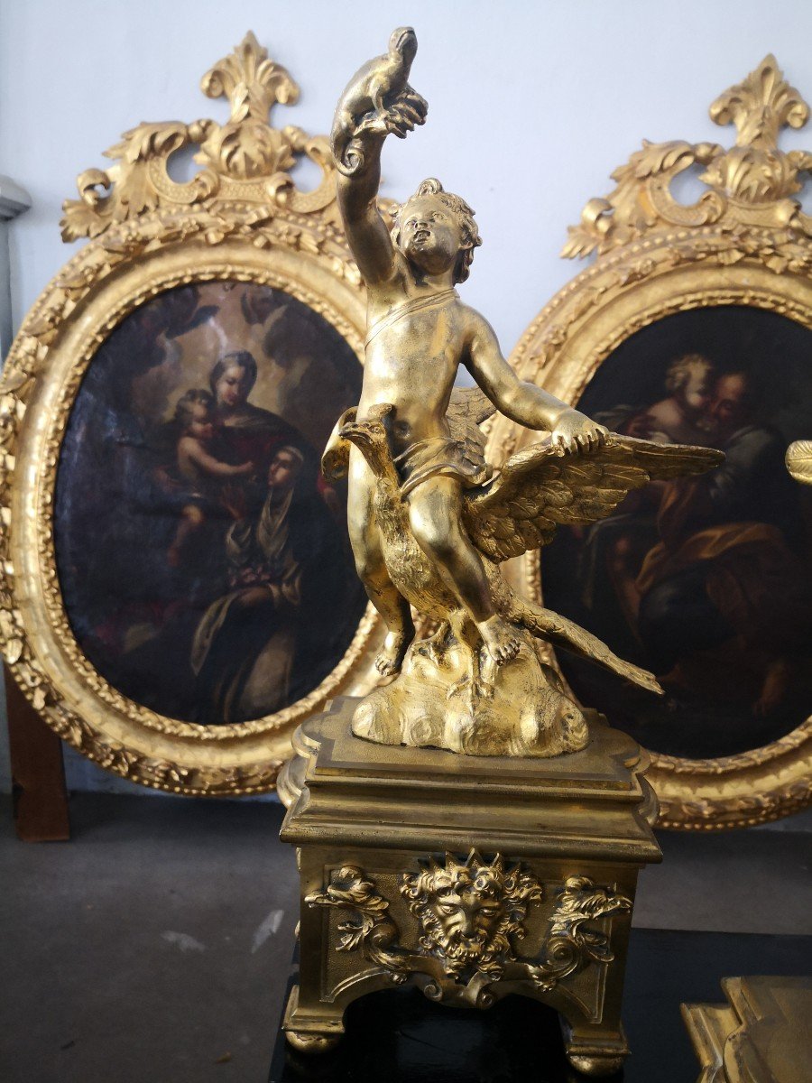 Rare Paire De Chenets Aux éléments 18 Eme Bronze Doré -photo-4