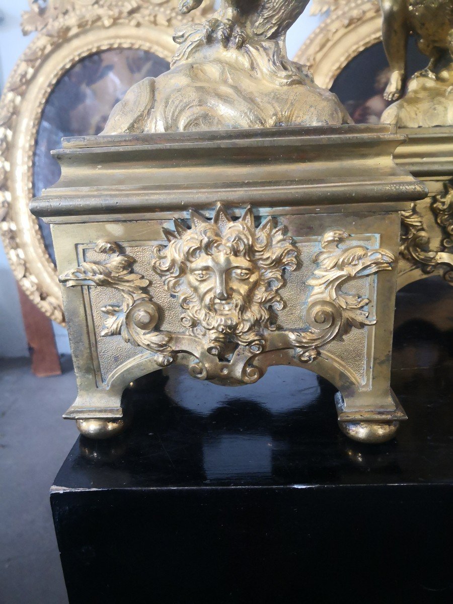 Rare Paire De Chenets Aux éléments 18 Eme Bronze Doré -photo-1