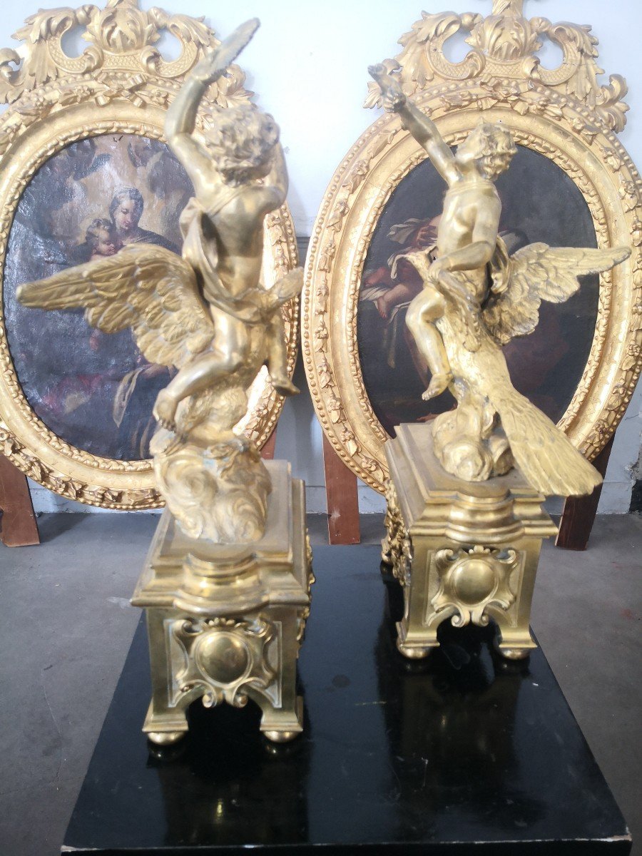 Rare Paire De Chenets Aux éléments 18 Eme Bronze Doré -photo-2