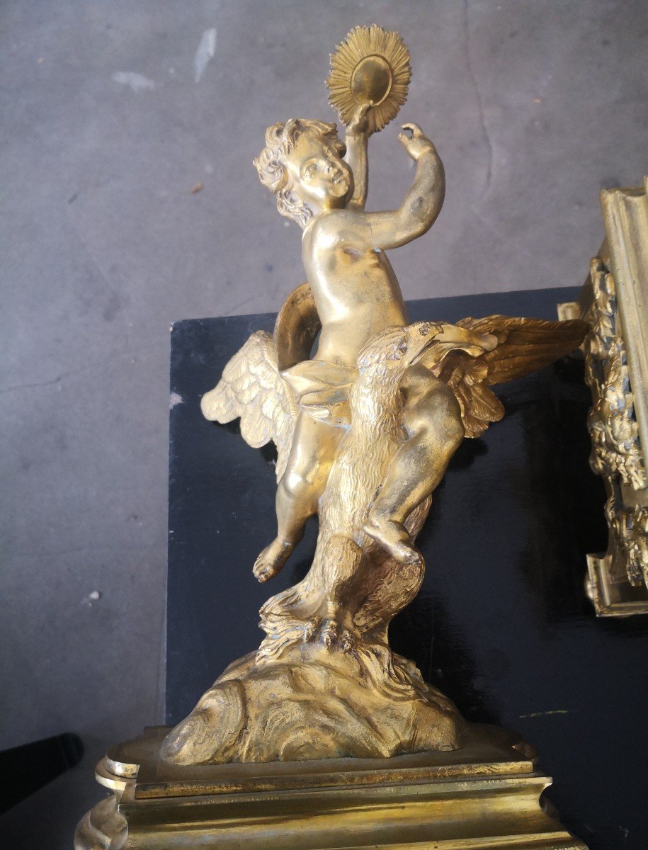 Rare Paire De Chenets Aux éléments 18 Eme Bronze Doré -photo-3