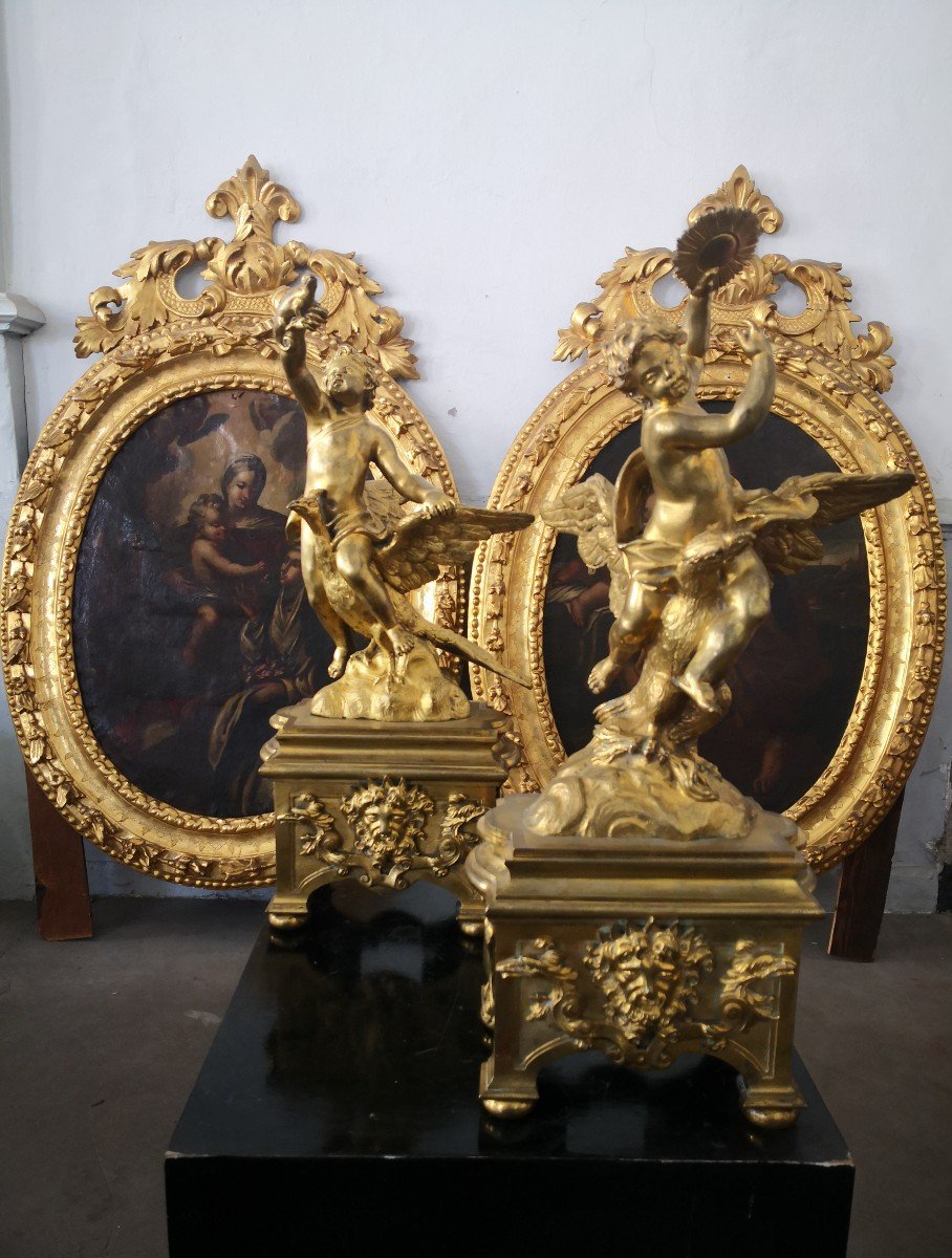 Rare Paire De Chenets Aux éléments 18 Eme Bronze Doré 