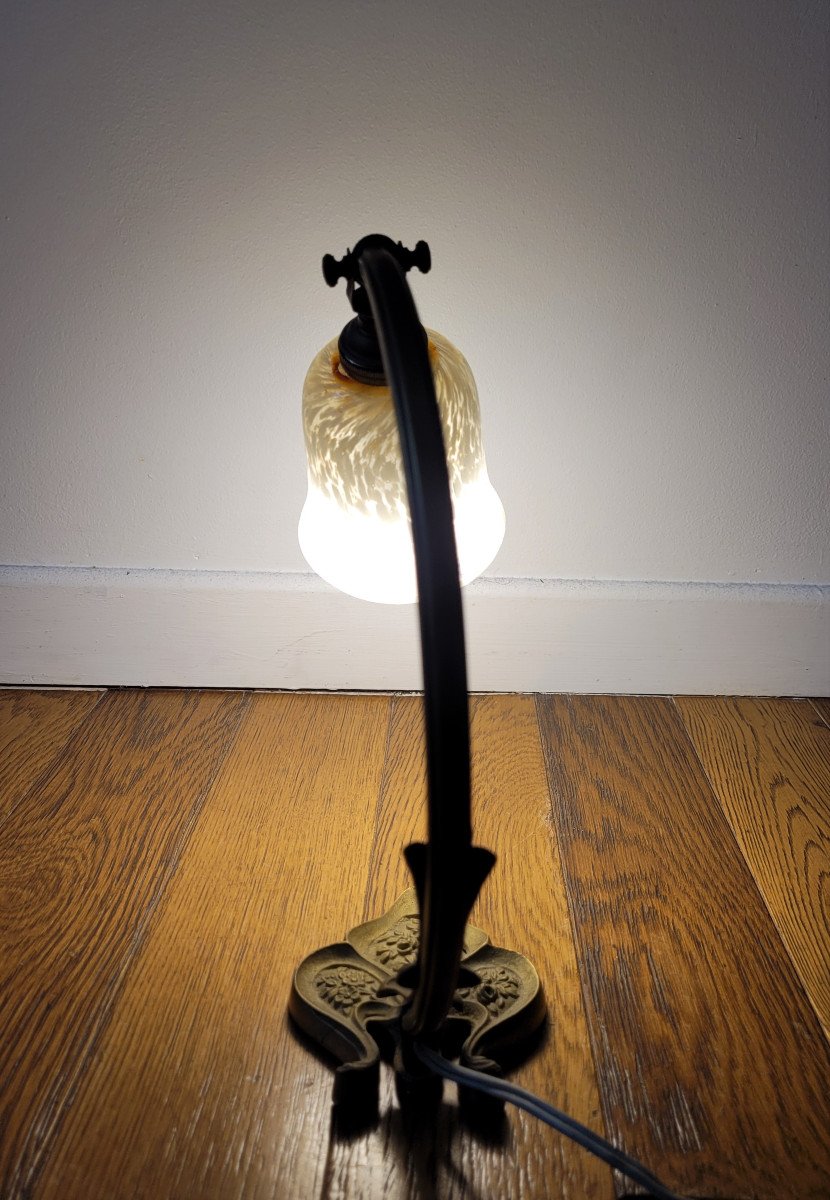 Lampe Art Nouveau - Bronze Doré Et Verre Blanc - Tulipe-photo-4