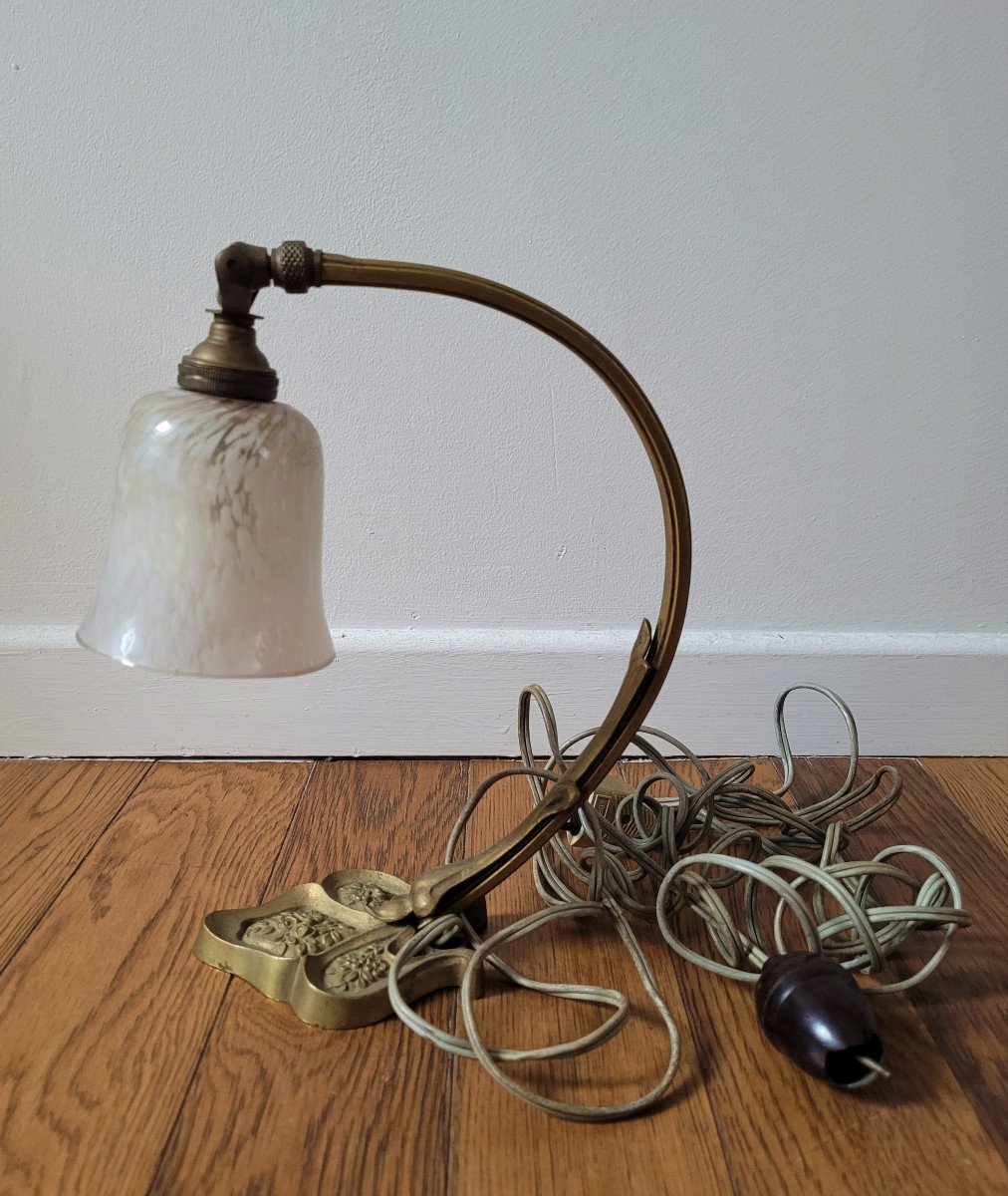 Lampe Art Nouveau - Bronze Doré Et Verre Blanc - Tulipe-photo-2