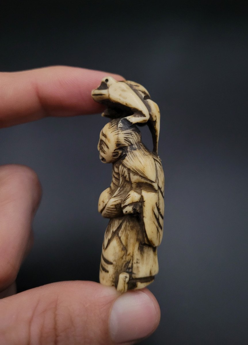 Netsuke - Gama Sennin With Toad - 19th Century - Deer Antler-photo-4